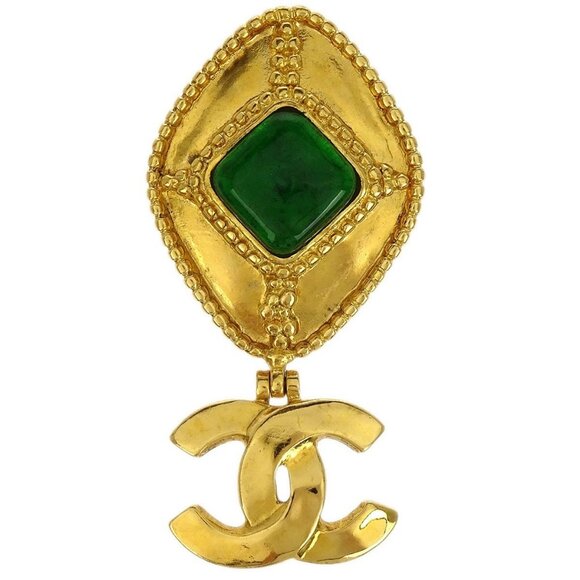 Chanel Gripoix Brooch Pin Gold Green CC Rhombus Dangle 96A 144854 - Picture 1 of 4